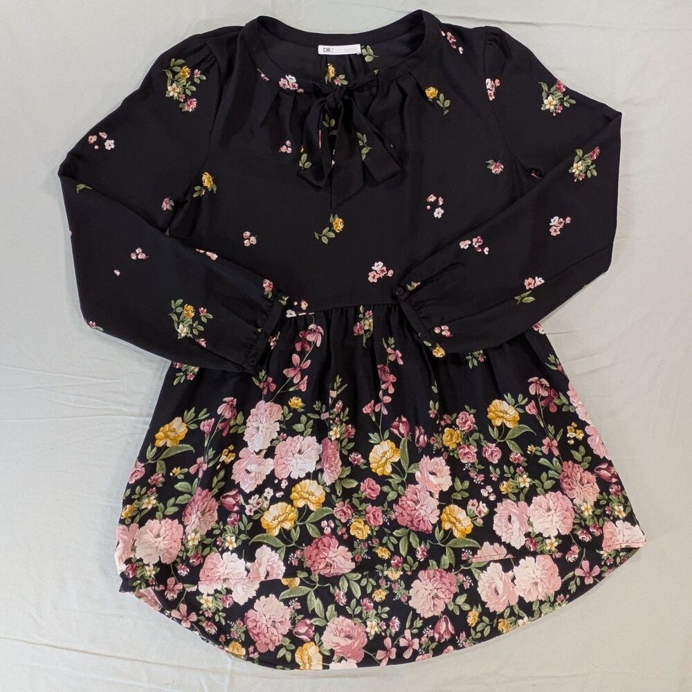 Dr2 Black Floral Babydoll Blouse Women's Medium Tie Neck Sheer